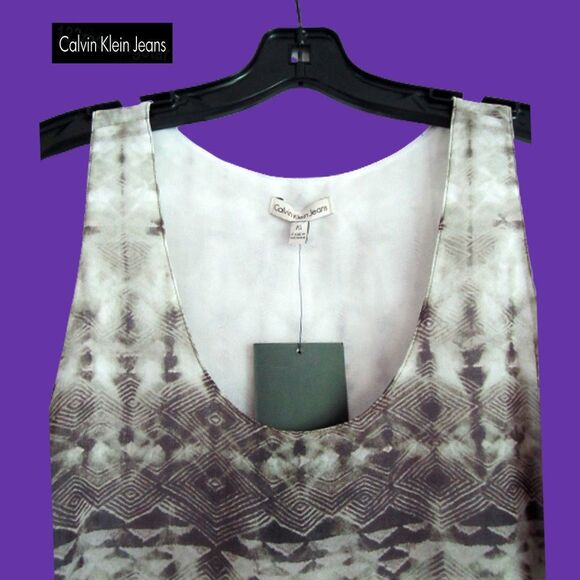 Calvin Klein Jeans NEW Bohemian Abstract Khaki Chiffon Scoop Lined Tank Top M - Picture 4 of 10